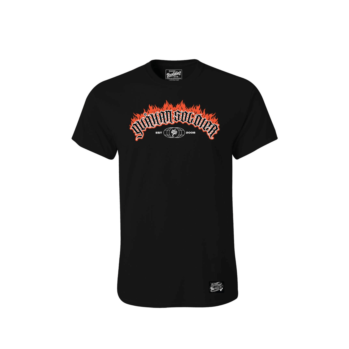 Black t-shirt with a fiery graphic design on a white background