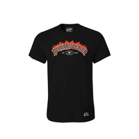 Black t-shirt with a fiery graphic design on a white background