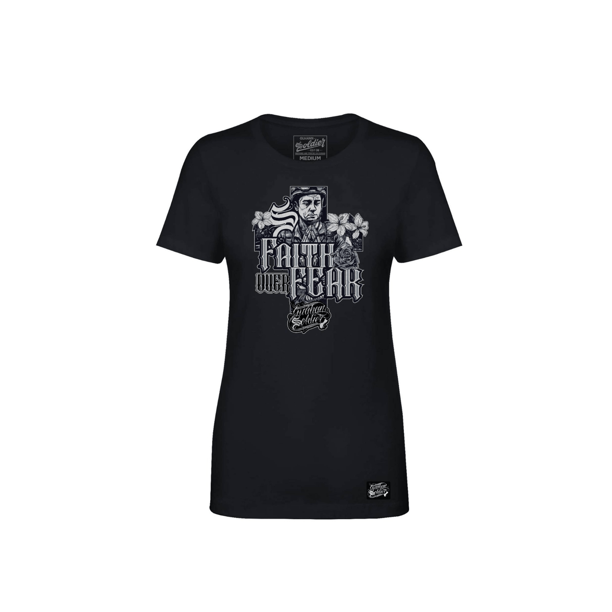 Black t-shirt with graphic design and text on a white background