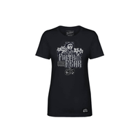 Black t-shirt with graphic design and text on a white background