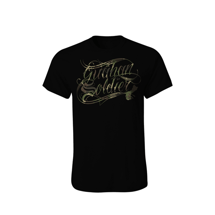 Guåhan Soldier Men’s "Script in Woodland Camo" T-shirt