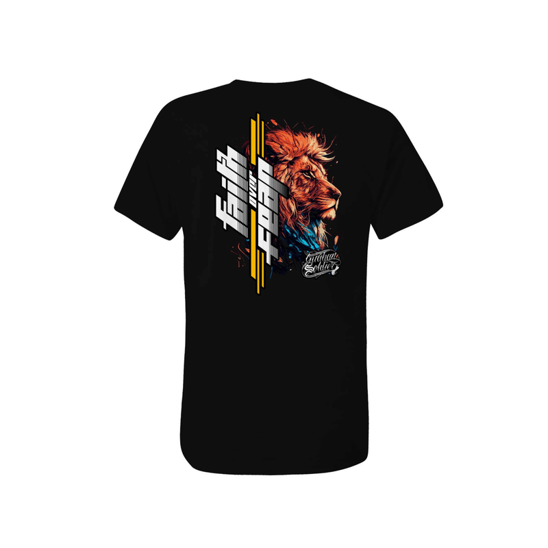 Black t-shirt with a lion graphic and text on a white background