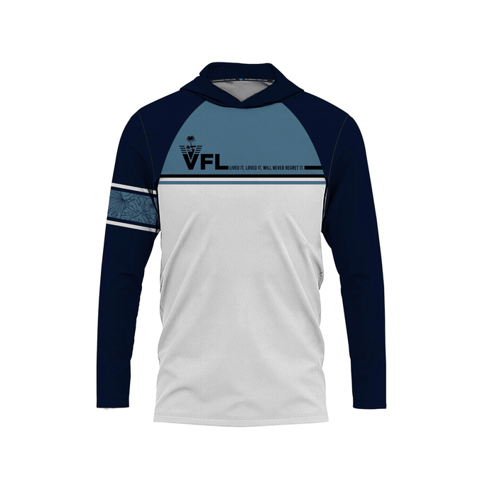 Long-sleeve sports shirt with blue and white design on a white background