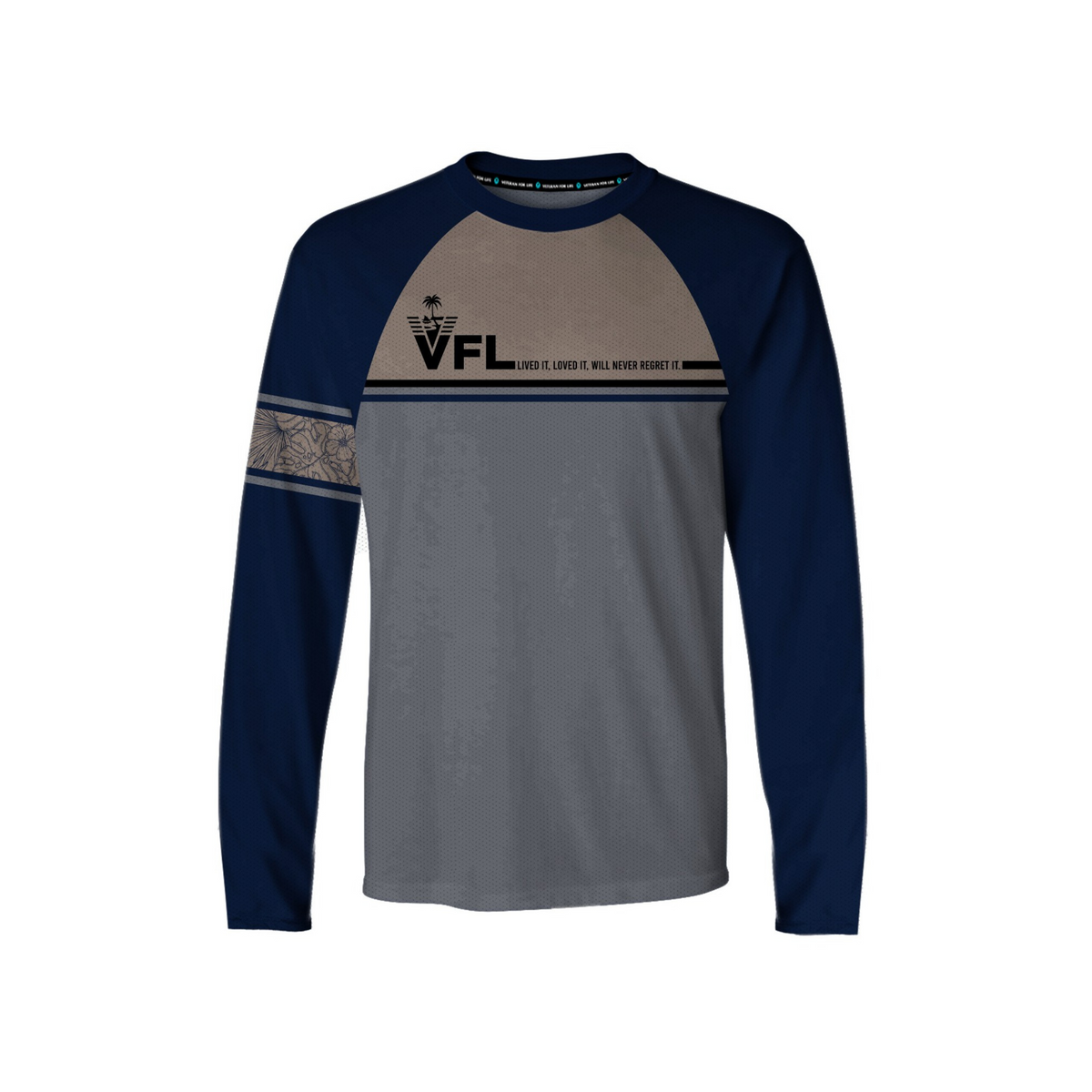 Long-sleeve shirt with navy and gray design on a white background