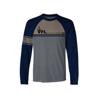Long-sleeve shirt with navy and gray design on a white background