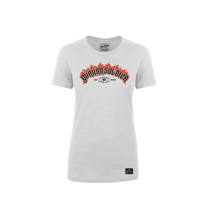 White t-shirt with a graphic design on a white background